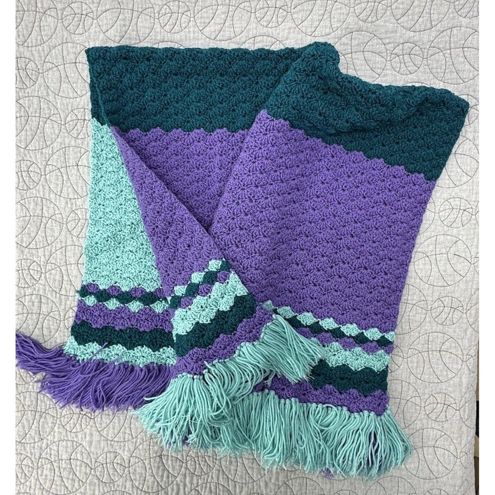 Handmade Crochet Afghan Throw Blanket Teal Purple Fringe Granny Stitch 70s Style